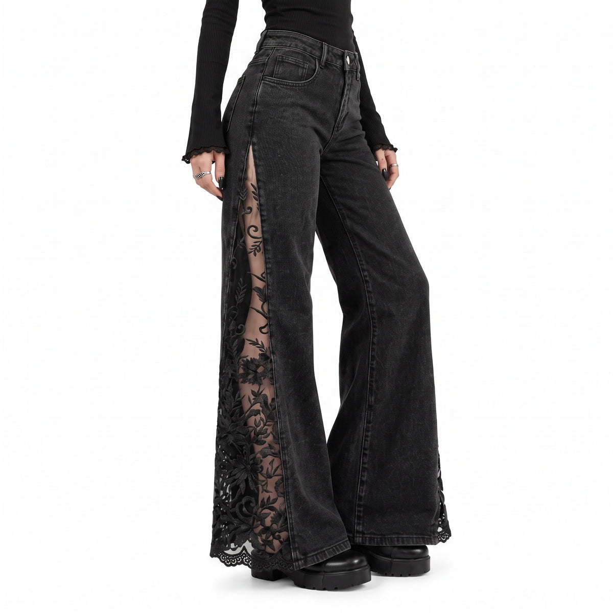 Hollow Rose Lace Flare Jeans