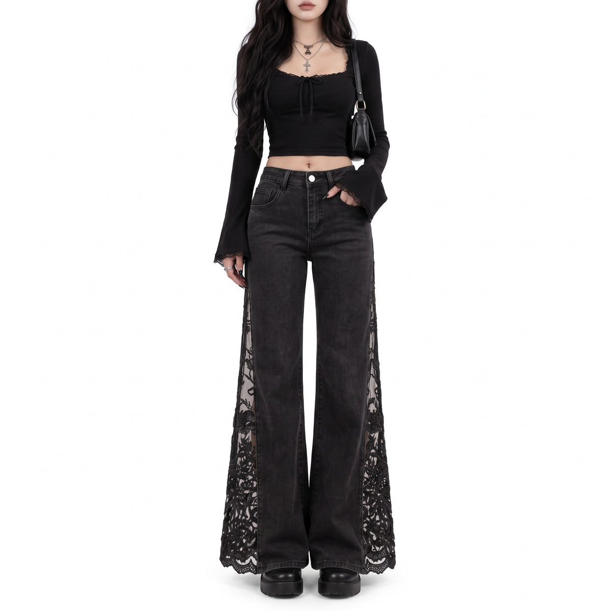 Hollow Rose Lace Flare Jeans